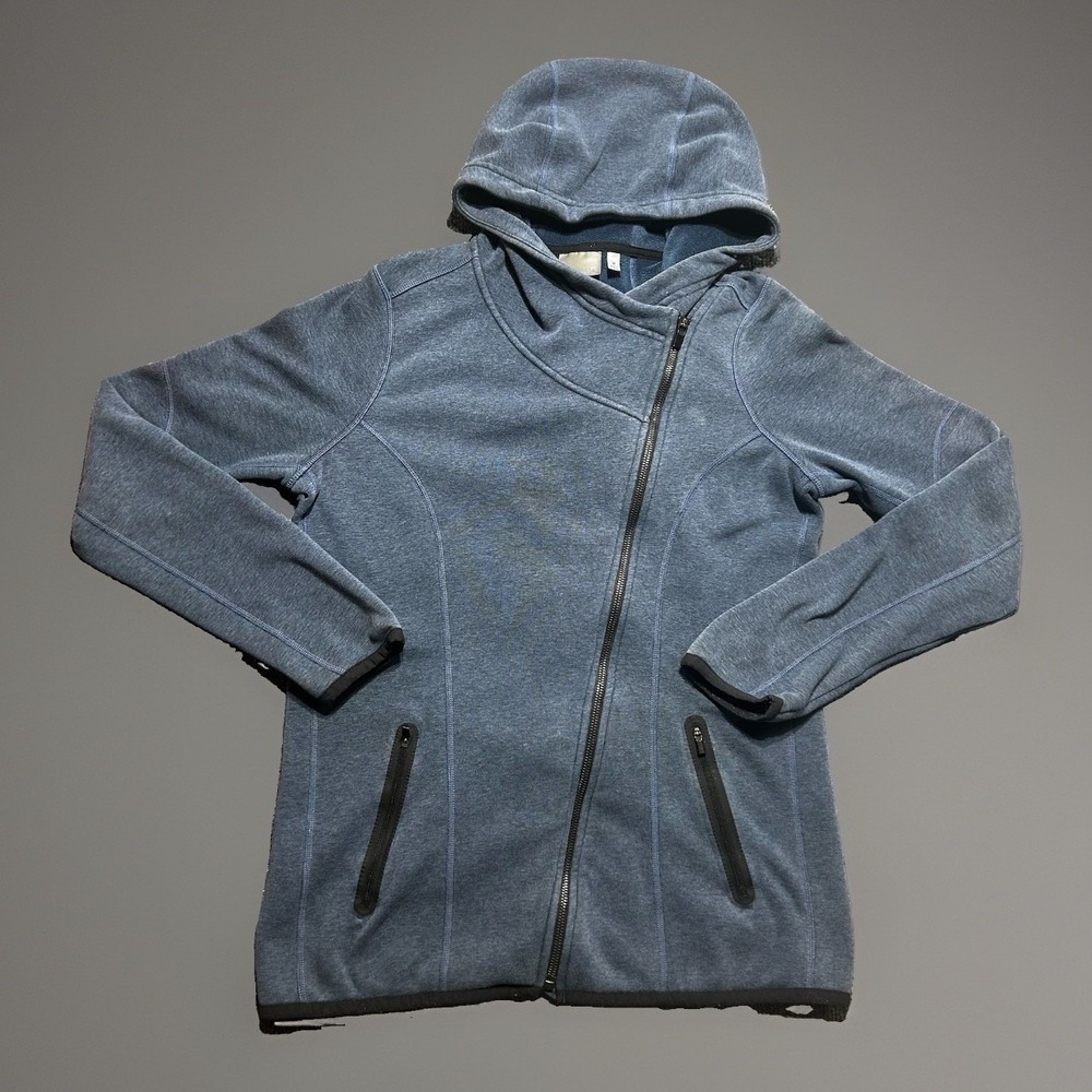 Athleta Cozy Karma Asym Hoodie Jacket Medium M Iron Blue Fleece Full Zip